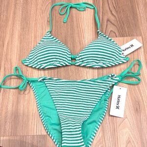 NWT Hurley Green and White Striped Bikini Size L